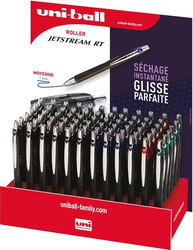 Uni-ball Jetstream roller, rétractable, largeur de trait 0,45 mm, présentoir de 72 pièces, assorties