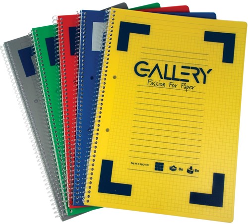 Gallery cahier à reliure spirale Traditional A4, 4 trous, ligné, couleurs assorties, 160 pages