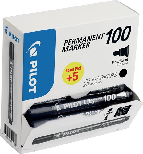 Pilot marqueur permanent 100, boîte de 15 + 5 pièces, noir