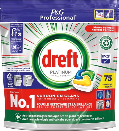Dreft Platinum Lemon tablettes pour lave-vaisselle, paquet de 75 capsules