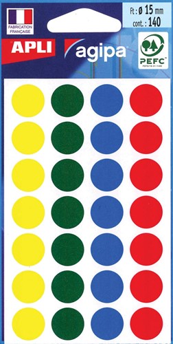 Agipa étiquettes ronds en pochette diamètre 15 mm, couleurs assorties, 140 pièces, 28 par feuille