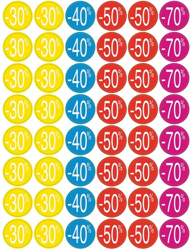 Apli étiquettes remises de -30% jusqu'à -70%, couleurs assorties