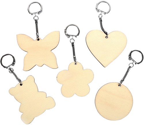 Graine Créative Sleutelhanger hout, assortiment vormen, diameter 55 mm, zakje van 10 stuks