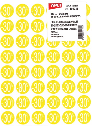 Agipa Etiquettes remises -30%, jaune, paquet de 192 pièces, amovible
