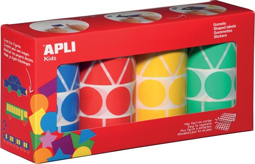 Apli Kids gommettes XL, 4 rouleaux, formes et couleurs assorties (bleu, rouge, jaune et vert)