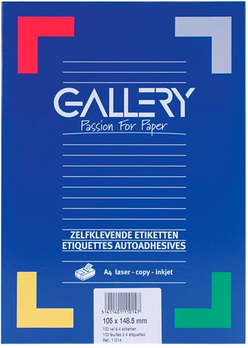 Gallery étiquettes blanches, ft 105 x 148,5 mm (l x h), coins carrés, 4 par feuille
