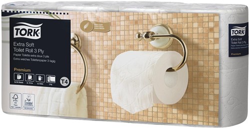 Tork Papier toilette traditionnel 3 plis, blanc, 155 feuilles, pour système T4, paquet de 8 rouleaux