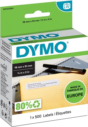 Dymo étiquettes LabelWriter, ft 19 x 51 mm, amovible, blanc, 500 étiquettes 500 Stuk
