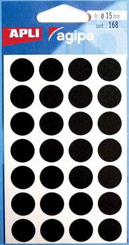 Agipa étiquettes ronds en pochette diamètre 15 mm, noir, 168 pièces, 28 par feuille