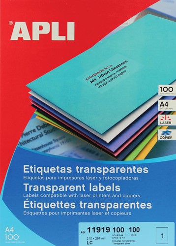 Apli Etiquettes transparentes ft 210 x 297 mm (l x h), 100 pièces, 1 par feuille, boîte de 100 feuilles