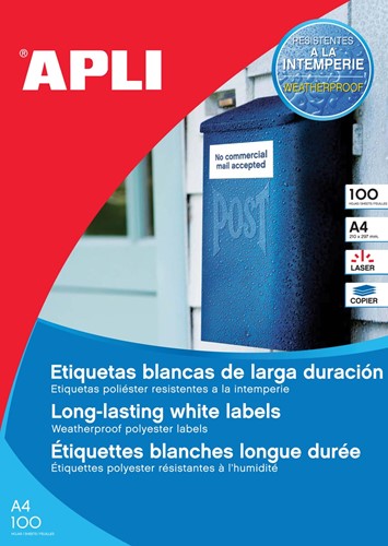Apli Weerbestendige etiketten ft 210 x 297 mm (b x h), 100 stuks, 1 per blad, doos van 100 blad