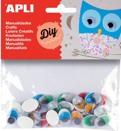 Apli yeux mobiles adhésifs de couleur avec cils, ovale, blister de 40 pièces