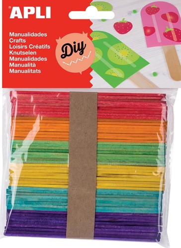 Apli gekleurde houten sticks, blister met 50 stuks