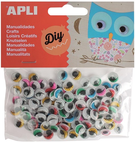 Apli yeux mobiles adhésifs de couleur avec cils, rond, blister de 100 pièces