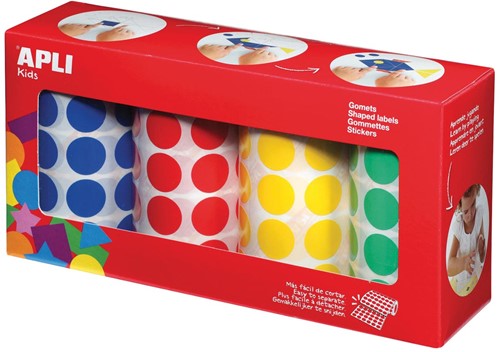 Apli Kids stickers XL cirkels, diameter 20 mm, doos met 4 rollen in 4 kleuren