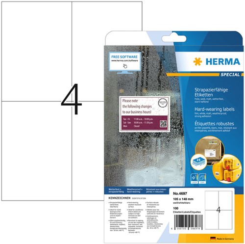 Etiket HERMA 4697 105x148mm A4 weerbestendig wit 25 Vel
