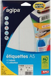 Agipa étiquettes blanches Print & Write ft 97 x 46 mm (l x h), 96 pièces, 6 par feuille