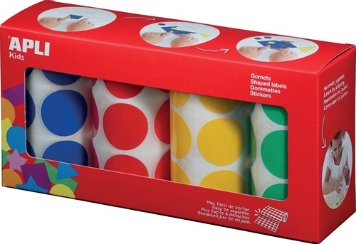 Apli Kids gommettes XL, diamètre 33 mm, boîte avec 4 rouleaux en 4 couleurs
