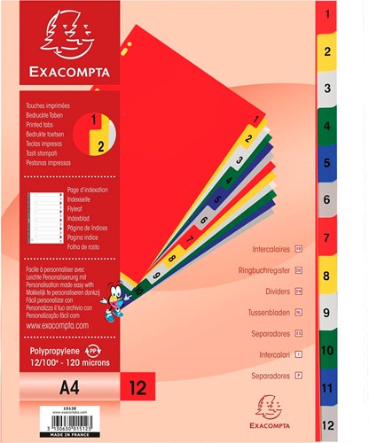 Exacompta intercalaires numérique pour ft A4, en PP 12/100e, 12 onglets en couleurs, index, blanc