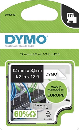 Dymo D1 ruban flexible nylon 12 mm, noir sur blanc 1 Stuk