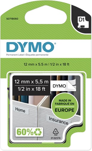 Dymo D1 ruban polyester permanente 12 mm, noir sur blanc 1 Stuk