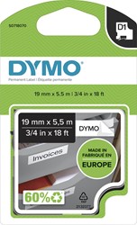 Dymo D1 permanente polyestertape 19 mm, zwart op wit 1 Stuk