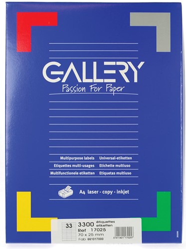 Gallery étiquettes blanches, ft 70 x 25 mm (l x h), coins carrés, 33 par feuille