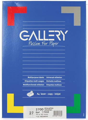 Gallery étiquettes blanches, ft 70 x 32 mm (l x h), coins carrés, 27 par feuille