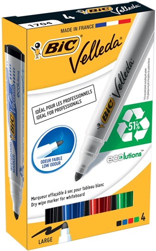 Bic marqueur pour tableaux blancs Velleda 1701, boîte de 4 pièces en couleurs assorties 4 Stuk