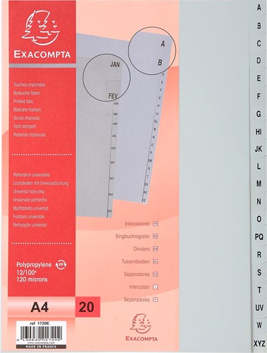 Exacompta intercalaires pour ft A4, en PP, de A à Z, 20 onglets, gris