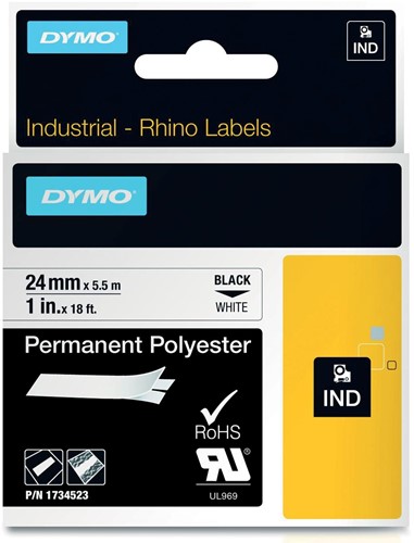 Dymo RHINO vinyltape 24 mm, zwart op wit 1 Stuk