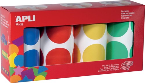 Apli Kids gommettes XL, diamètre 45 mm, boîte avec 4 rouleaux en 4 couleurs