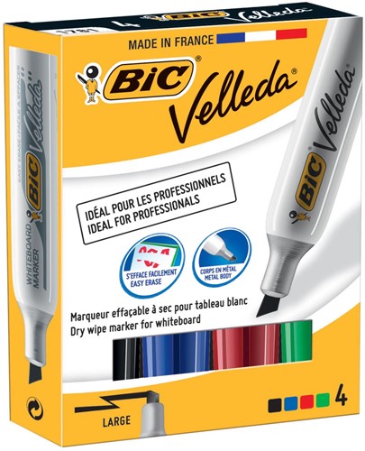 Bic marqueur pour tableaux blancs Velleda 1781, boîte de 4 pièces en couleurs assorties 4 Stuk
