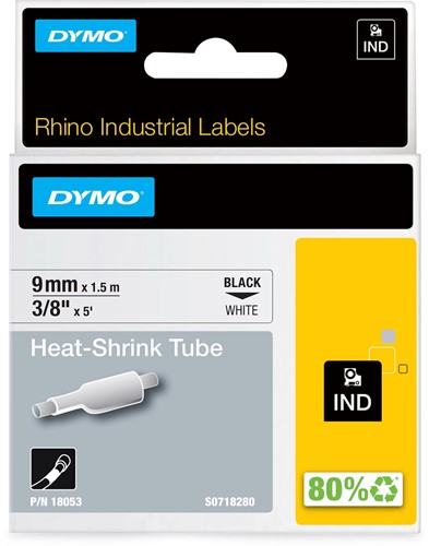 Dymo RHINO krimpkous 9 mm, zwart op wit 1 Stuk