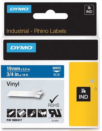 Dymo RHINO vinyltape 19 mm, wit op blauw 1 Stuk