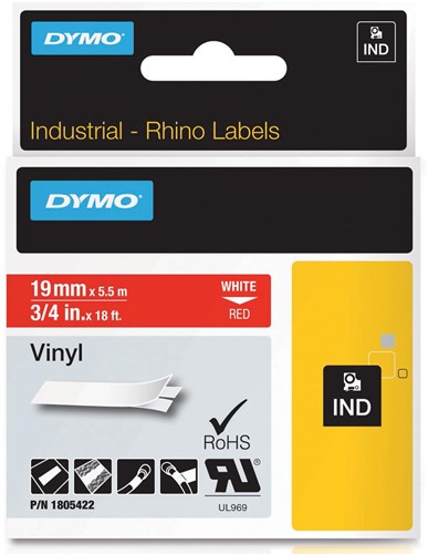 Dymo RHINO vinyltape 19 mm, wit op rood