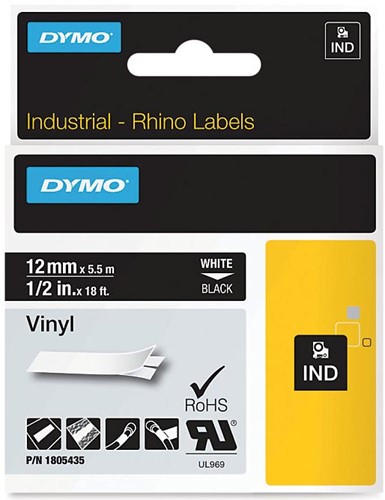 Dymo RHINO vinyltape 12 mm, wit op zwart