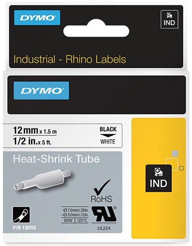 Dymo RHINO krimpkous 12 mm, zwart op wit 1 Stuk