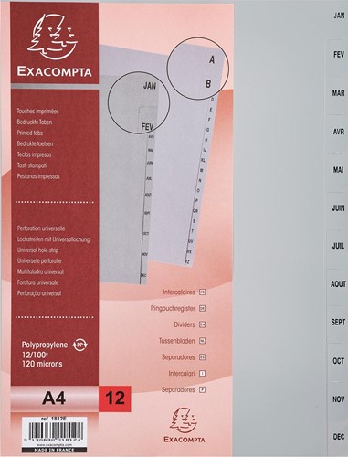 Exacompta tabbladen maandelijks A4, uit PP, 12 tabs, jan-dec, grijs, Frans