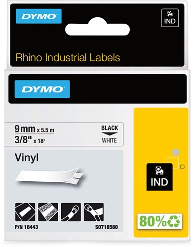 Dymo RHINO ruban vinyl 9 mm, noir sur blanc