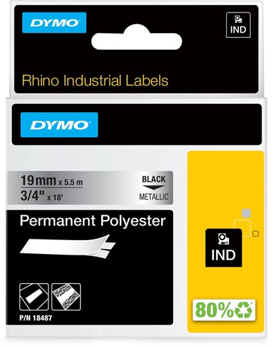 Dymo RHINO ruban permanente polyester 19 mm, noir sur metaal