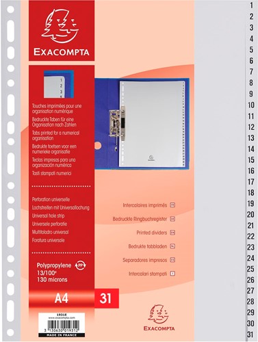 Exacompta intercalaires numérique pour ft A4, en PP, 31 onglets, gris