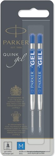 Parker Quink Gel recharge pour stylo bille, pointe moyenne, bleu, blister de 2 pièces