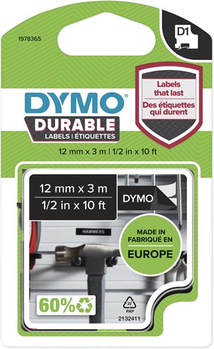 Dymo D1 ruban durable12 mm x 3 m, blanc sur noir