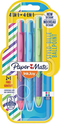 Paper Mate Inkjoy Quatro Joie de Vivre 4-kleurenbalpen, medium, klassieke inktkleuren, blister 2 + 1 grat 2+1 Stuk
