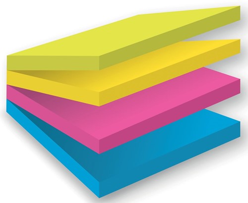 Post-it Super Sticky notes, 75 vel, ft 76 x 76 mm, blister van 4 blokken, geassorteerde kleuren 300 Vel