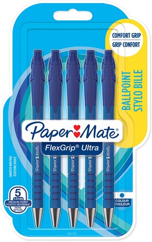Paper Mate balpen Flexgrip Ultra RT medium, blister van 5 stuks, blauw