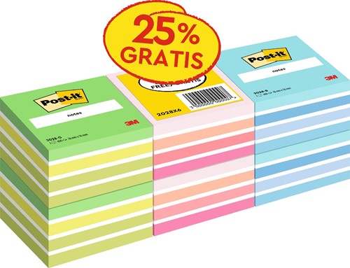 Post-it Notes kubus, 450 vel, 76 x 76 mm, promo van 6 kubussen in geassorteerde kleuren