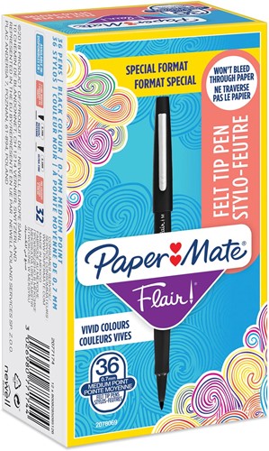 Paper Mate fineliner Flair Original, value pack van 36 stuks (30 + 6 gratis), zwart 36 Stuk