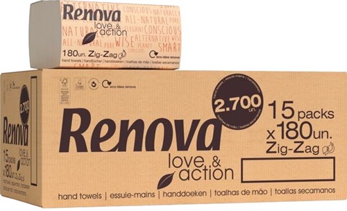 Renova Love & Action papieren handdoeken, Z-vouw, 2-laags, 180 vellen, pak van 15 stuks